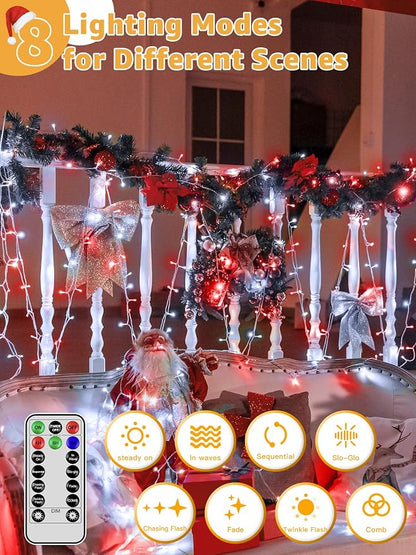 Guhope Christmas Lights 600 LED 98FT, Waterproof Outdoor String Lights with Remote and Timer, 8 Modes Dimmable Fairy Lights for Indoor Outdoor Wedding Party Holiday Decorations (Red and White)