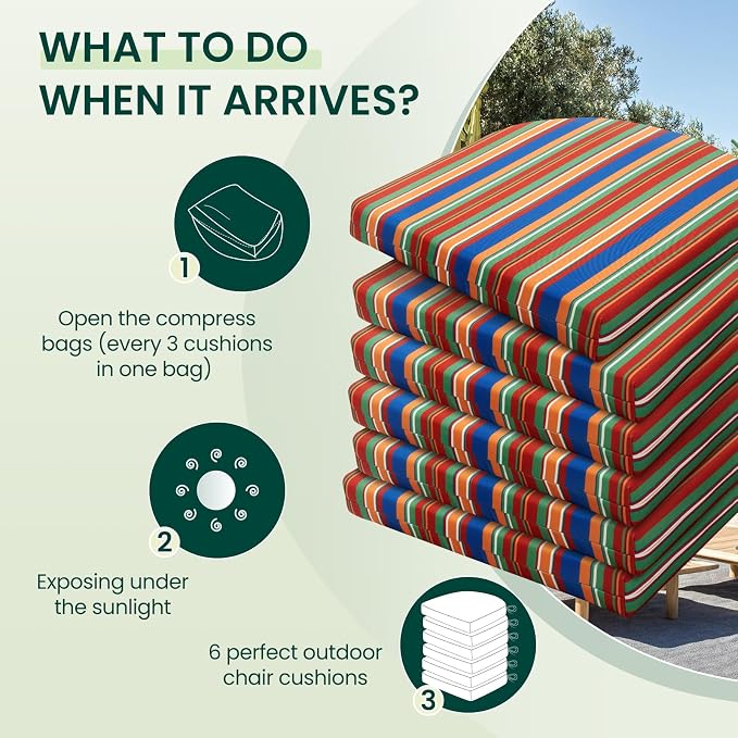 HARBOREST Outdoor Chair Cushions Set of 6, Water Resistant Patio Chair Cushions with Ties, Outdoor Seat Cushions for Patio Furniture, 17"x16"x2", Rainbow Stripes