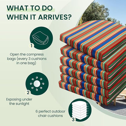 HARBOREST Outdoor Chair Cushions Set of 6, Water Resistant Patio Chair Cushions with Ties, Outdoor Seat Cushions for Patio Furniture, 17"x16"x2", Rainbow Stripes