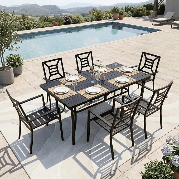 Outdoor Patio Dining Sets 7 Pieces Large 77" Rectangular Metal Dining Table