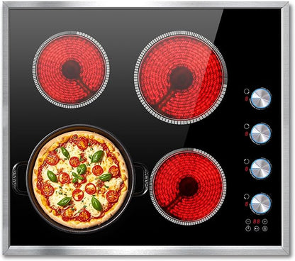 4 Burner Electric Cooktop, 24 Inch Electric Stove 6000W, 220V-240V Built-in Ceramic Stovetop with Knob Control, Child Lock, Timer Control, Residual Heat Indicator, Hard Wire(No Plug)
