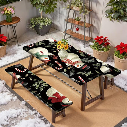 Christmas Picnic Table Cover with Table Cover, Elastic Tablecloth for Outdoor Picnic Table, Designed with Black Snowman and Candy Cane, Tablecloth for Camping, Barbecue and Holiday Parties