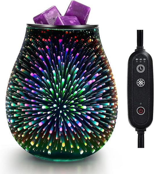 Inrorans Glass Electric Wax Melt Warmer Oil Burner with Stable Heating PTC Reusable Silicone Tray 7 Colorful Changing Led Light Night Light Scent Warmer for Home Fragrance Warmers-Fireworks Timer