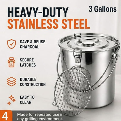 4 Pcs Charcoal Saver Extinguishing Bucket Set for Ash Collection | Heavy Duty Stainless Steel with Lockable Lid, 3 Gallon Capacity for Hot Charcoal, Grills, Campfires and Wood Burning Stoves