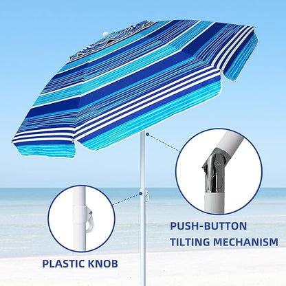 AMMSUN 6.5 ft Heavy Duty Beach Umbrella for Sand with tilt Air Vent Sun Shelter, UV 50+ Protection Outdoor Sunshade Umbrellas and Parasols with Carry Bag for Patio Garden Beach Pool stripe Blue