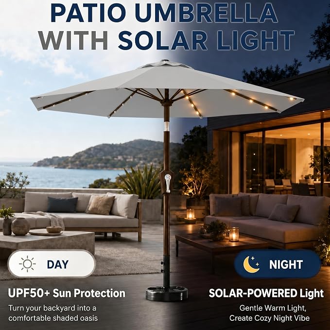 10FT Solar Patio Umbrella with Lights, Outdoor Table Market Umbrella with 32 LED Lights, 8 Sturdy Ribs, Push Button Tilt and Crank for Pool, Deck and Garden, UV-Resistant