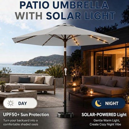 10FT Solar Patio Umbrella with Lights, Outdoor Table Market Umbrella with 32 LED Lights, 8 Sturdy Ribs, Push Button Tilt and Crank for Pool, Deck and Garden, UV-Resistant