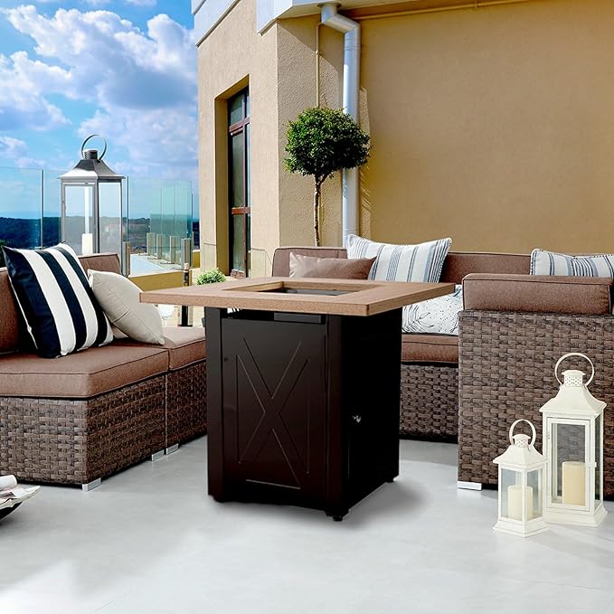 Hexago 28 Inch Propane Fire Pit Table, Gas Square Outdoor Fire Table Dinning with Lid, Lava Stone, 50000BTU, ETL Certification, for Outside Garden Backyard Deck Patio