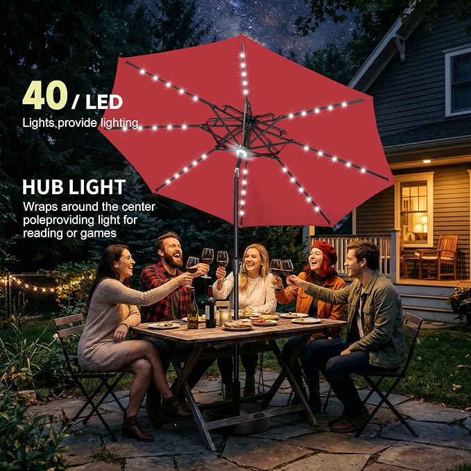 Solar Patio Umbrella Outdoor with Centre Light, 9 ft Red | 2 Tiers, 40 LED Lights, UV Protection, Solar Outdoor Umbrella for Porch, Deck, Pool, Garden, Provides Evening Lighting