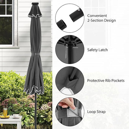 Tangkula 10FT Solar LED Patio Umbrella, 2-Tiers Scalloped Outdoor Table Market Umbrella with 24 LED Lights, Vented Top, Tilt Adjustment, Crank, 8 Ribs for Backyard Poolside Deck Beach Lawn (Gray)