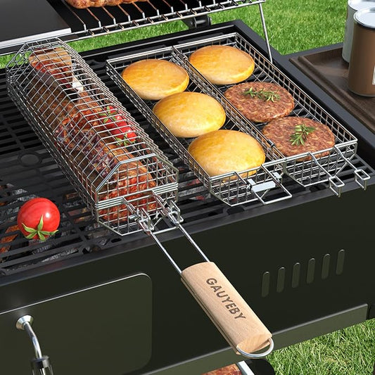 Rolling Grill Basket, Grilling Baskets for Outdoor Grill, REMOVABLE HANDLE, Anti-Scorch Stainless Steel BBQ Net Tube for Meat, Shrimp, Vegetables, BBQ Gifts for Dad, Husband (Octagon)