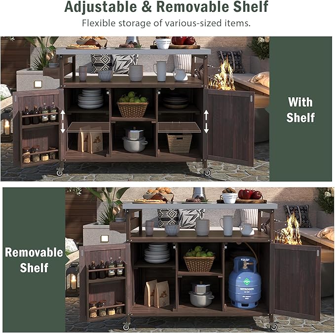 Ball & Cast Outdoor Kitchen Island,Rolling Bar Cart & Storage Cabinet,Farmhouse Solid Wood Outdoor Grill Table with Stainless Steel Top,Spice and Towel Rack,for Kitchen,Barbecue,Dark Brown,50.25"