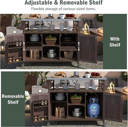 Ball & Cast Outdoor Kitchen Island,Rolling Bar Cart & Storage Cabinet,Farmhouse Solid Wood Outdoor Grill Table with Stainless Steel Top,Spice and Towel Rack,for Kitchen,Barbecue,Dark Brown,50.25"