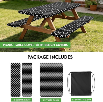 Picnic Table Cover with Bench Covers, Waterproof Tablecloth Set, Morocco | Fitted 6ft Tables, for Outdoor Camping, RV, Includes 1 Table Cover(30"x72"), 2 Bench Covers(72"x12"), Drawstring Storage Bag