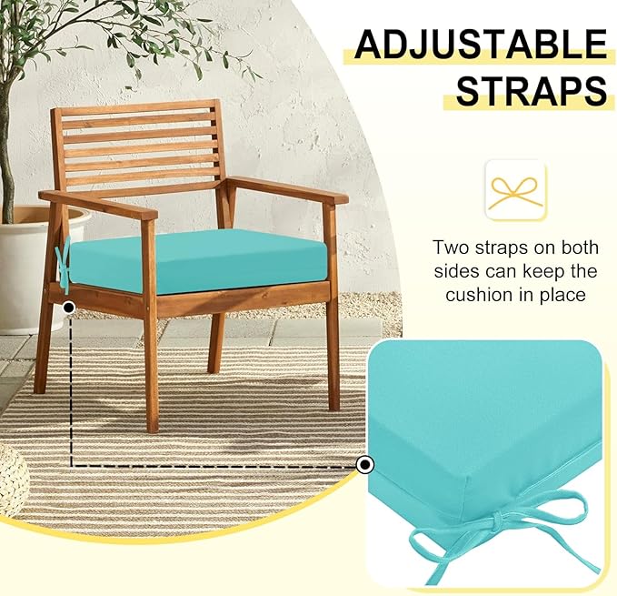 downluxe Outdoor Chair Cushions Set of 6 for Patio Furniture, Water-Resistant Square Corner Patio Chair Cushions with Ties, High Density Foam Outdoor Seat Cushion, 18.5" X 16" X 3", Teal