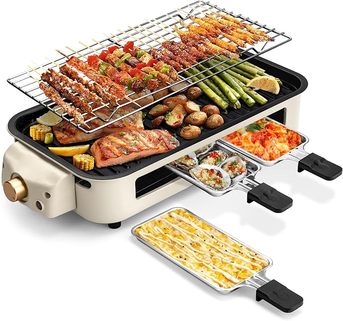 Pukomc Electric Indoor Grill,2 in 1 Indoor Grills for Kitchen | Smokeless Grill Net & Non-Stick Cooking Removable Plate,Temperature Control,Dishwasher Safe,1700W Beige