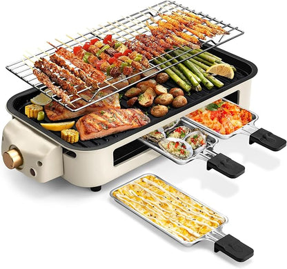 Pukomc Electric Indoor Grill,2 in 1 Indoor Grills for Kitchen | Smokeless Grill Net & Non-Stick Cooking Removable Plate,Temperature Control,Dishwasher Safe,1700W Beige
