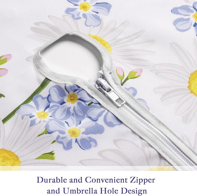 UMINEUX 60" Outdoor Round Tablecloth with Umbrella Hole and Zipper | Spring/Summer Waterproof Round Patio Table Cover for Picnic/BBQ/Garden, White Daisy