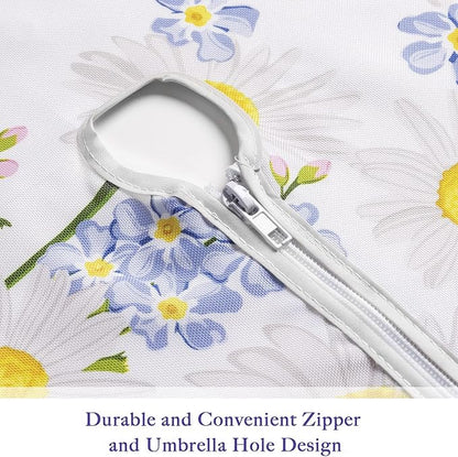 UMINEUX 60" Outdoor Round Tablecloth with Umbrella Hole and Zipper | Spring/Summer Waterproof Round Patio Table Cover for Picnic/BBQ/Garden, White Daisy