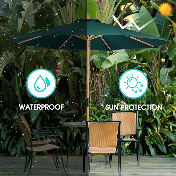9ft Wooden Umbrella, Outdoor Patio Umbrella, Wood Market Umbrella, Patio Umbrella Wood Pole with Pulley Lift for Garden, Yard, Deck, Pool, Market