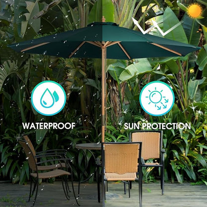 9ft Wooden Umbrella, Outdoor Patio Umbrella, Wood Market Umbrella, Patio Umbrella Wood Pole with Pulley Lift for Garden, Yard, Deck, Pool, Market