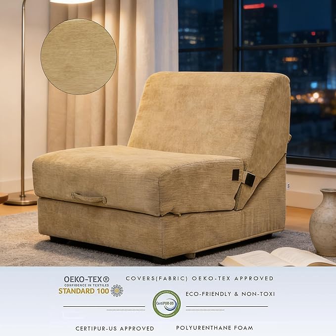 jela Luxury Corduroy Indoor Chaise Lounge, Foldable Sofa Bed Chair with Soft Foam & Machine Washable Cover (Corduroy Sand)