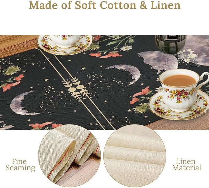 Floral Moon Phase Table Runner - Gothic Mysterious Moonlit Runner, Burlap Table Runner for Farmhouse Decor, Kitchen Accessory - 13x70 inch