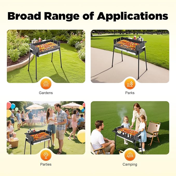 Barbecue Charcoal Grill, Stainless Steel Folding BBQ Tool Kits with 3-Level Temperature Control & Height Adjustable, Portable Grill for Outdoor Cooking Camping Hiking Picnics Garden Beach Party