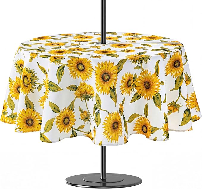 Lamberia 60" Round Patio Tablecloth with Umbrella Hole and Zipper, Waterproof Outdoor Table Cover for Patio, Backyard, BBQ, Picnic & Indoor Dining, Washable Polyester Circular Tablecloth