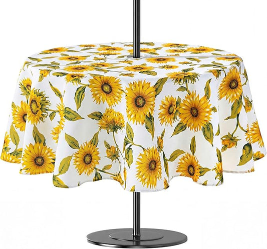 Lamberia 60" Round Patio Tablecloth with Umbrella Hole and Zipper, Waterproof Outdoor Table Cover for Patio, Backyard, BBQ, Picnic & Indoor Dining, Washable Polyester Circular Tablecloth