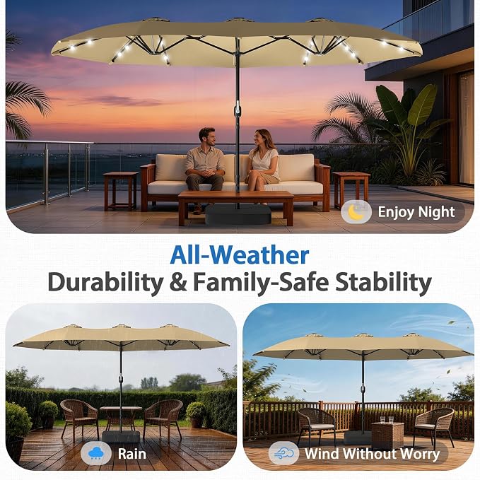 HOPERAN 15FT Patio Umbrella with Base Included, Large Outdoor Double-Sided Rectangle Table Umbrella with Easy Crank Lift, Market Umbrella for Backyard, Pool&Garden