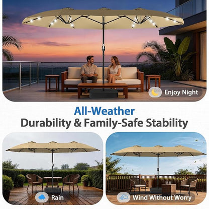 HOPERAN 15FT Patio Umbrella with Base Included, Large Outdoor Double-Sided Rectangle Table Umbrella with Easy Crank Lift, Market Umbrella for Backyard, Pool&Garden