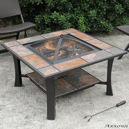 Axxonn 32", 2-in-1 Malaga Convertible Square Tile Top Fire Pit, Coffee Table Wood Burning Fire Bowl