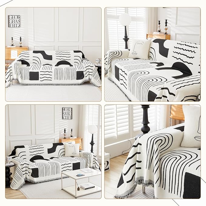 WEYOND Chenille Couch Cover Tassels, Sofa Cover Washable, 71" x 102", Black | Boho Sofa Slipcover for 3 Cushion Couch, L-Shaped Sectional, Loveseat, 2/3/4 Seater