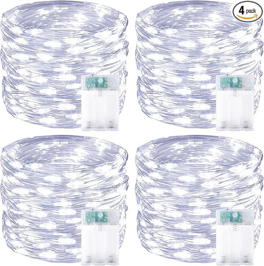 4 Pack 60 LED Fairy Lights Battery Operated with Timer, 20 FT Cool White | Cuttable Copper Wire, Waterproof Battery String Lights for Indoor Outdoor, Wedding, Bedroom, Home, DIY, Christmas Decorations