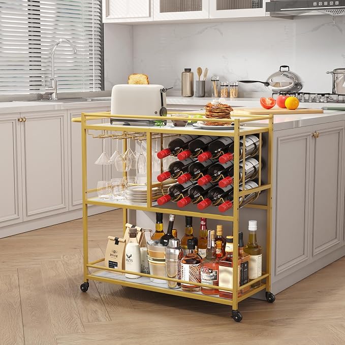 Lifewit 3 Tier Rolling Serving Bar Cart with Lockable Wheels, Gold | 12 wine rack and 3 rows glass holders, liquor serving cart for living room, 31.6 x 13.1 x 33.9 inch rolling beverage stand