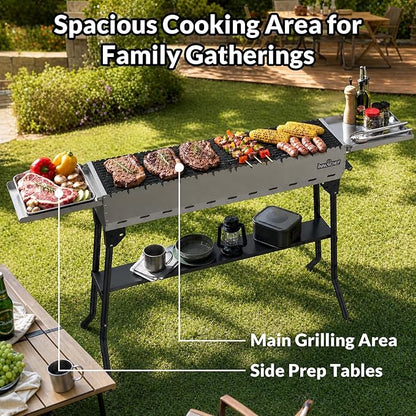 Charcoal Grill, Foldable Portable Camping Charcoal Grill, Stainless Steel BBQ Grill with Ceramic Grate, 2-in-1 Side Tables & Pull-Out Ash Pan Outdoor & Backyard Grill for Patio Cooking
