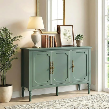 RoyalCraft Buffet Sideboard with 3 Doors, Mid-Century Sideboard Cabinet with Adjustable Shelves, Wood Buffet Cabinet with Turned Legs, Accent Cabinets for Entryway, Living Room, Dining Room, Green