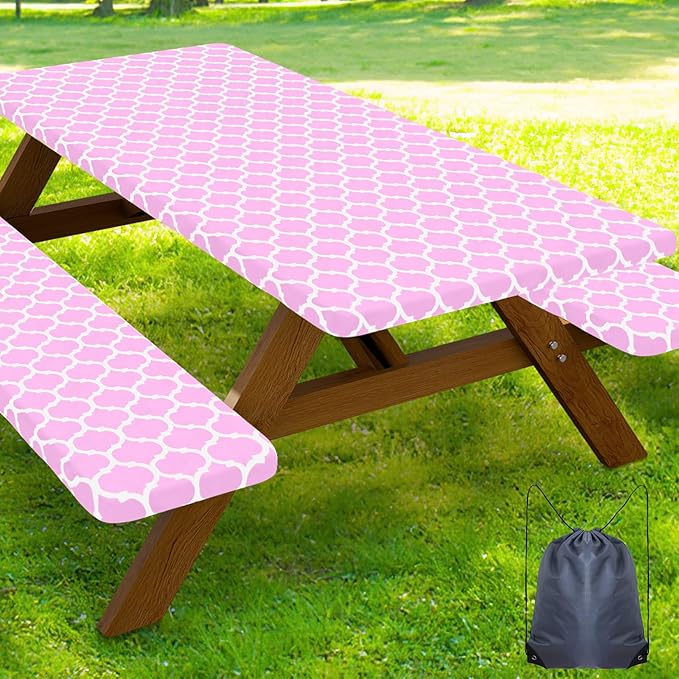Smiry Picnic Table Cover with Bench Covers, Waterproof Elastic Fitted Tablecloth for 8 Foot Tables, Washable Polyester Tablecloths for Camping, Indoor & Outdoor (Pink, 30x96 Inch 3-pc Set)