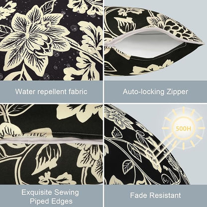 LVTXIII Outdoor Throw Pillow Covers Set of 2, Patio Waterproof Pillow Cases Fade Resistant Accent Pillow Covers for Home and Garden Furniture Decoration, 18"x18", Elegant Vines Black