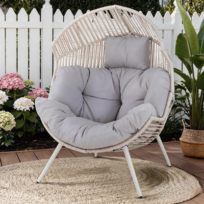 Shintenchi Wicker Egg Chair Rattan Patio Chair with Cushion, Oversized Patio Lounge Chairs Egg Basket Chair, Egg Seat for Indoor Living Room Bedroom Outside, Light Grey
