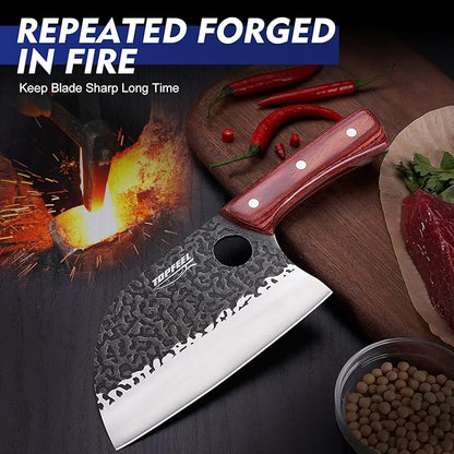 6.8Inch Serbian Chef Knife- Meat Cleaver, Butcher Knife set with Leather Sheath and Whetstone, Kitchen Knives for Home, Camping, BBQ
