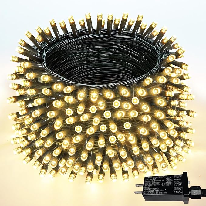 Extendable 108 FT 300 LED Christmas String Lights Indoor Outdoor Warm White | Green Wire Ultra-bright,8 Modes, Timer and Memory Function, UL Certified Fairy Twinkle Lights Waterproof for Xmas Tree Decor