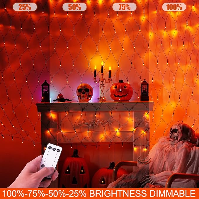 JMEXSUSS 360 LED Halloween Net Lights, Orange, 12ft x 5ft | Outdoor Waterproof, Connectable, Plug in, Mesh Lights with Remote for Bushes Shrubs Christmas Halloween Decorations