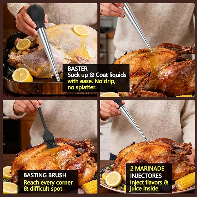 SCHVUBENR Large Turkey Baster Set - Stainless Steel Baster Tool for Cooking - Includes Basting Brush, Cleaning Brush & Injector Needles - Heavy Duty Baster Syringe - Thanksgiving, Christmas Essentials