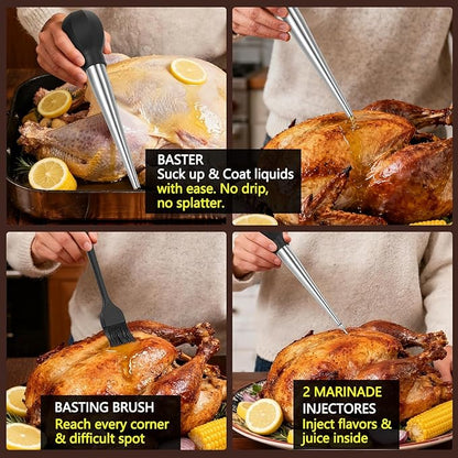 SCHVUBENR Large Turkey Baster Set - Stainless Steel Baster Tool for Cooking - Includes Basting Brush, Cleaning Brush & Injector Needles - Heavy Duty Baster Syringe - Thanksgiving, Christmas Essentials