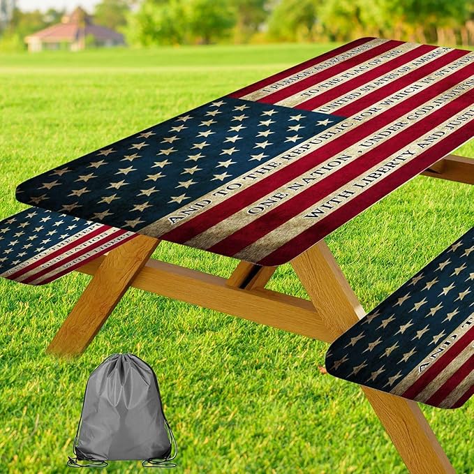 JAWO Vintage American Flag Pledge of Allegiance 3 Piece Picnic Table & Bench Cover Set, Waterproof Elastic Fitted Tablecloth for 4th of July Memorial Day Outdoor BBQ Patio, 30X96in