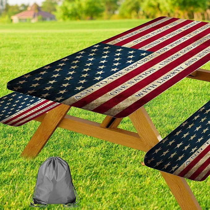 JAWO Vintage American Flag Pledge of Allegiance 3 Piece Picnic Table & Bench Cover Set, Waterproof Elastic Fitted Tablecloth for 4th of July Memorial Day Outdoor BBQ Patio, 30X60in