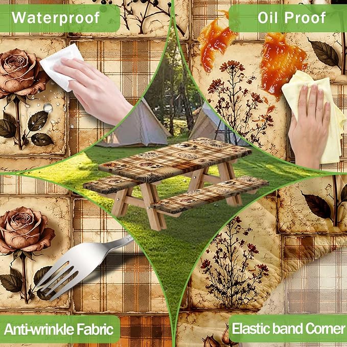 Vintage Floral Picnic Table Cover with Bench Covers, Retro Sunflower Rose Buffalo Plaid Patchwork Waterproof Fitted Tablecloth for 6 Foot Outdoor Wooden Picnic Table