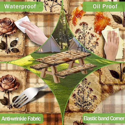 Vintage Floral Picnic Table Cover with Bench Covers, Retro Sunflower Rose Buffalo Plaid Patchwork Waterproof Fitted Tablecloth for 6 Foot Outdoor Wooden Picnic Table